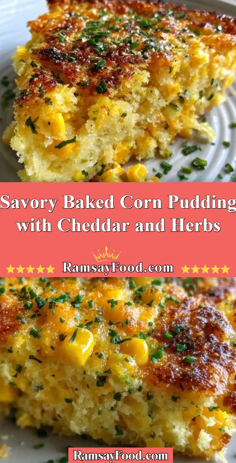 Savory baked corn pudding with cheddar cheese and fresh herbs in a baking dish