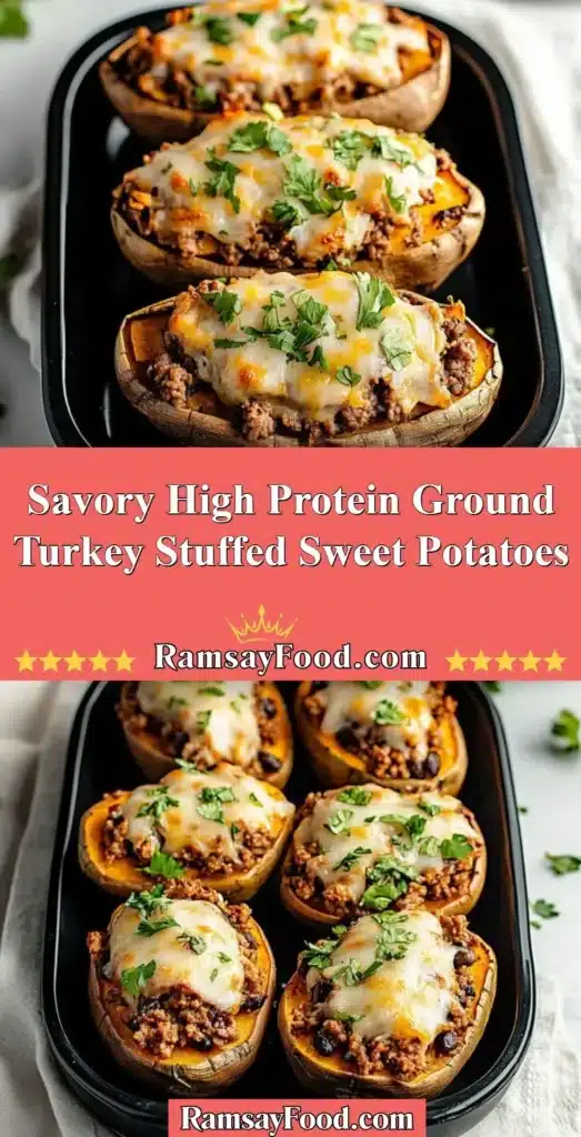 Savory high protein ground turkey stuffed sweet potatoes on a plate
