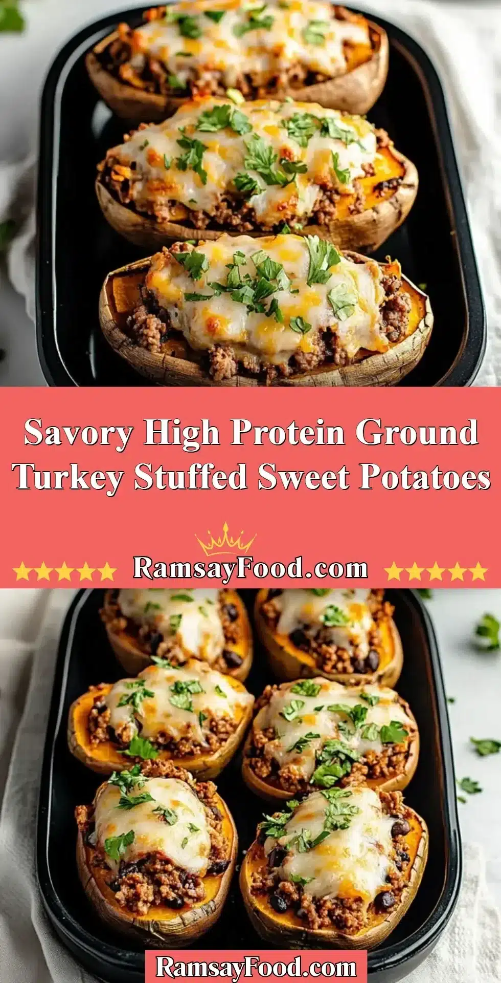 Savory High Protein Ground Turkey Stuffed Sweet Potatoes 2 Savory high protein ground turkey stuffed sweet potatoes on a plate