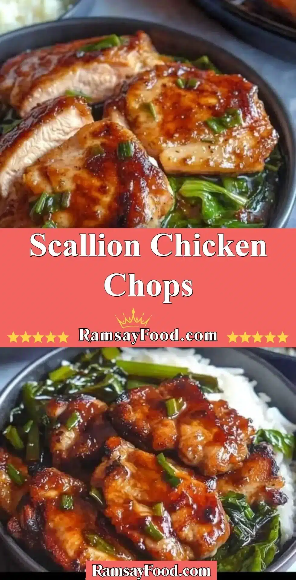 Scallion Chicken Chops 2 Scallion chicken chops garnished with fresh herbs and served on a plate