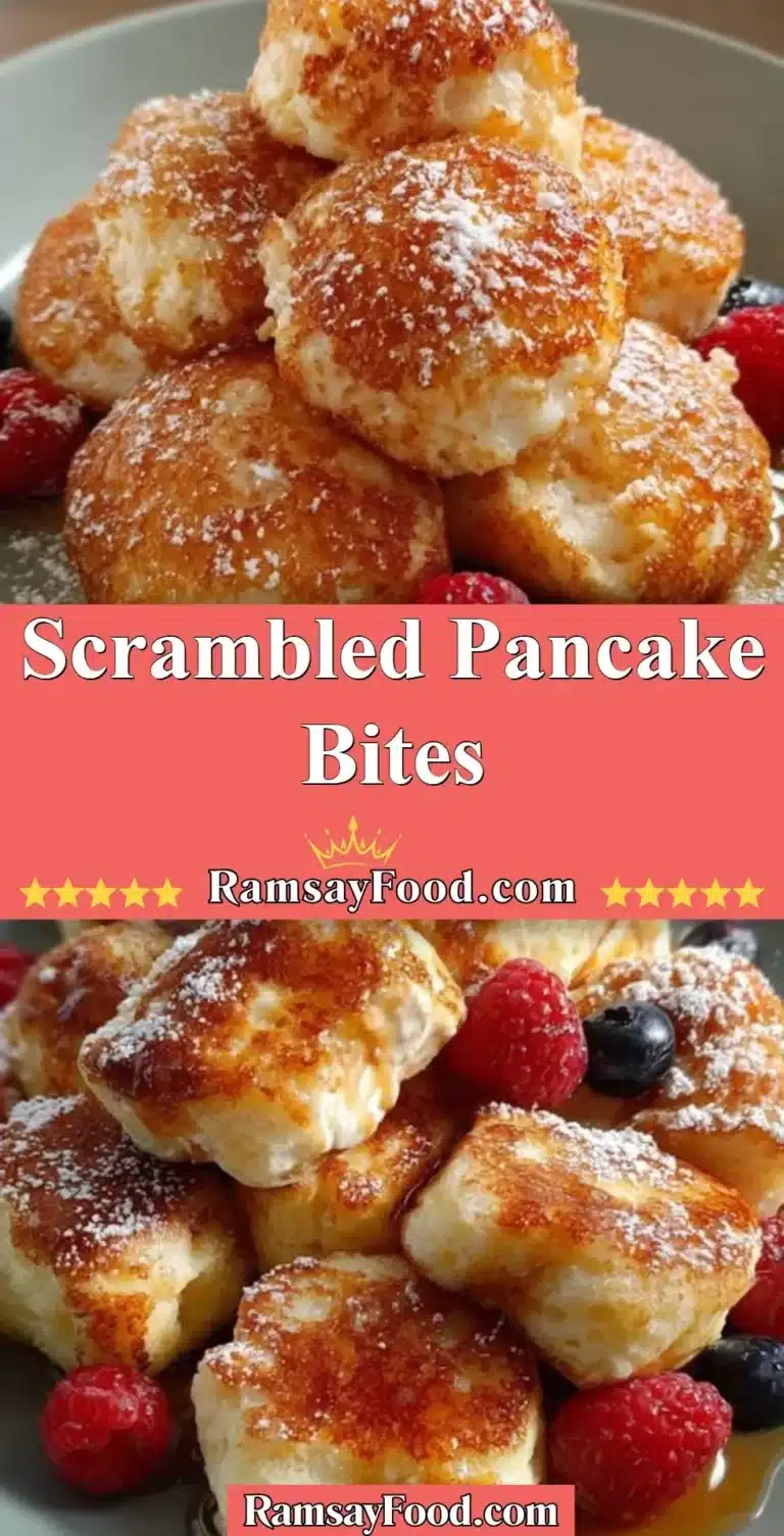 Scrambled Pancake Bites 9 Scrambled pancake bites offered on a plate, showcasing a tasty breakfast treat.