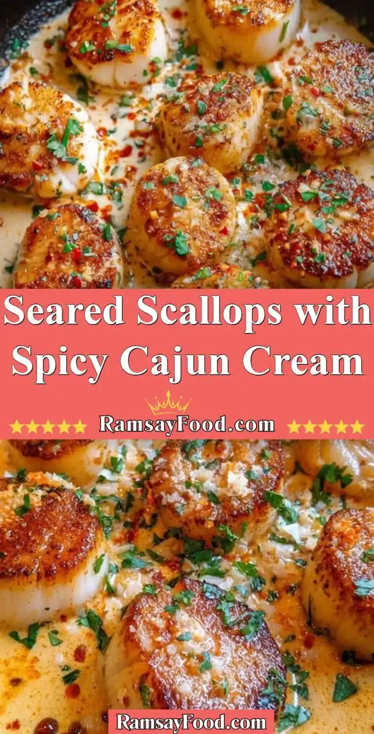 Seared Scallops with Spicy Cajun Cream 9 Plate of seared scallops with spicy Cajun cream sauce garnished with herbs