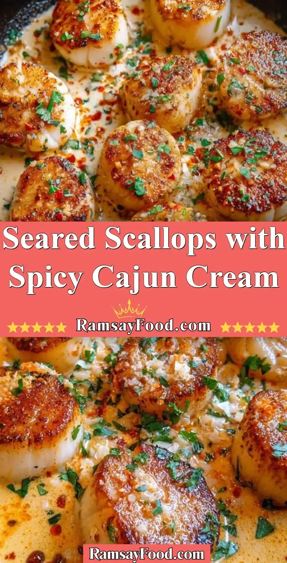 Plate of seared scallops with spicy Cajun cream sauce garnished with herbs