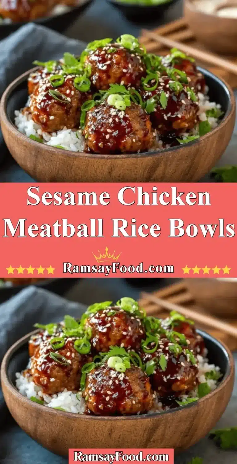 Sesame Chicken Meatball Rice Bowls 8 Sesame Chicken Meatballs served in a colorful rice bowl with vegetables.
