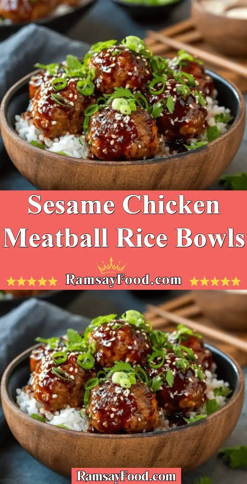 Sesame Chicken Meatballs served in a colorful rice bowl with vegetables.