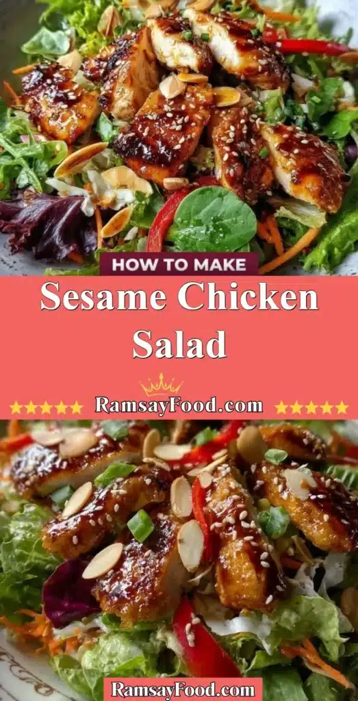 A colorful sesame chicken salad topped with sesame seeds and fresh greens