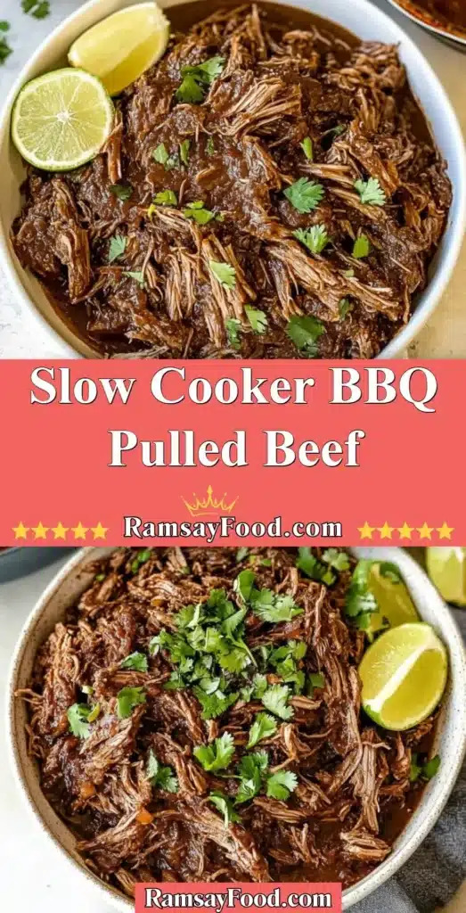 Delicious Slow Cooker BBQ Pulled Beef served with buns and coleslaw