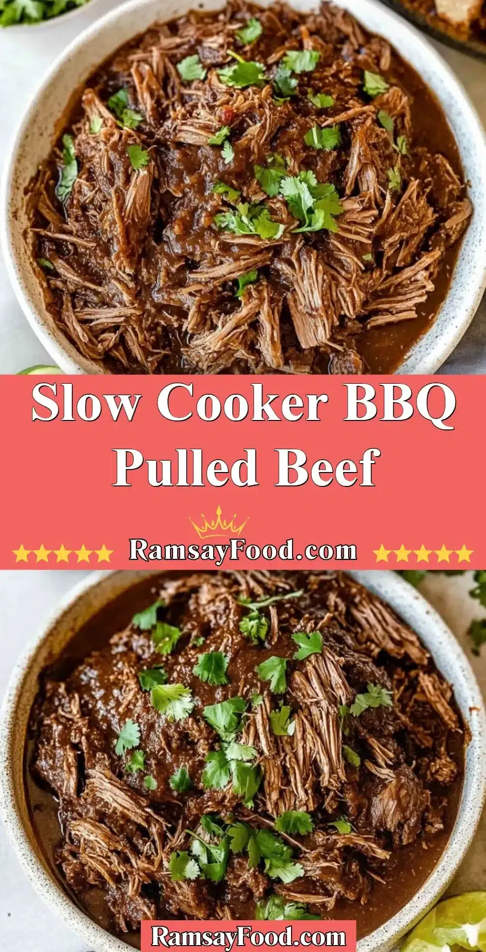Plate of Slow Cooker BBQ Pulled Beef served with coleslaw and buns