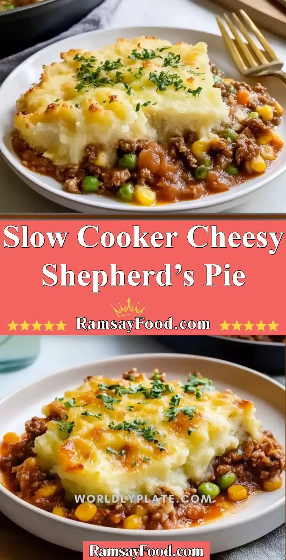 Slow Cooker Cheesy Shepherd’s Pie 2 Delicious slow cooker cheesy shepherd's pie with creamy mashed potatoes and ground meat.