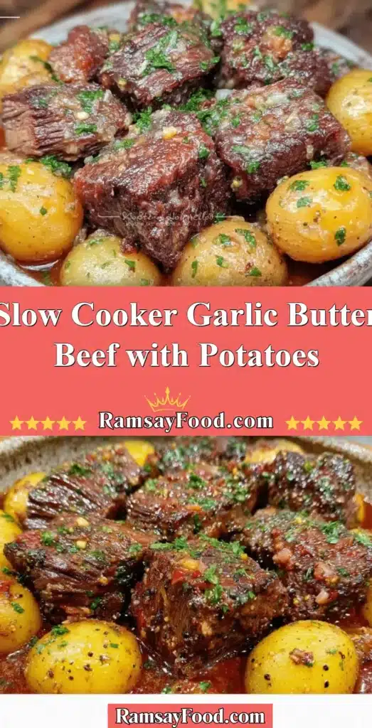 Slow Cooker Garlic Butter Beef served with tender potatoes on a plate
