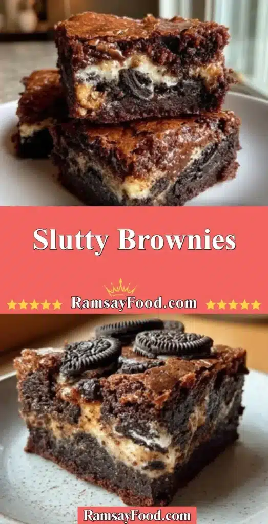 Delicious homemade slutty brownies with layers of cookie dough and Oreos.