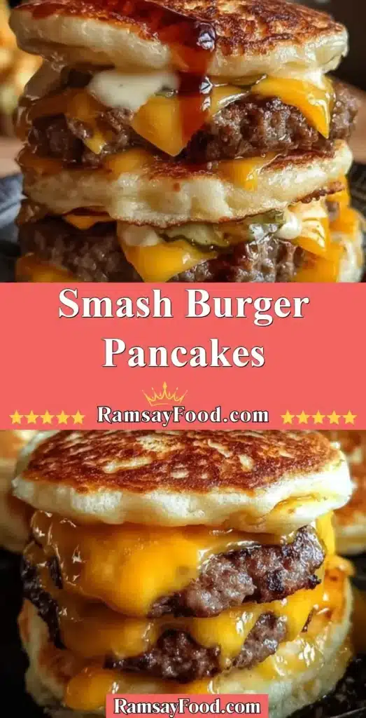 Delicious smash burger pancakes stacked with toppings.