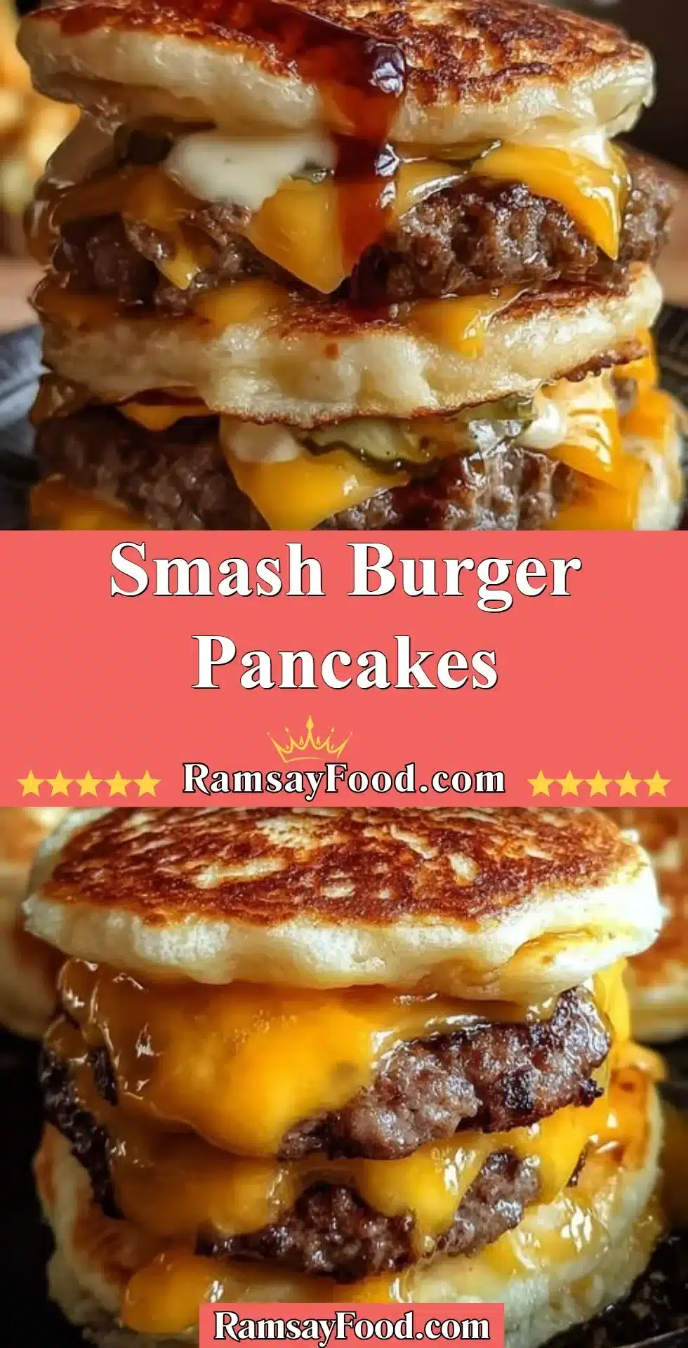 Delicious smash burger pancakes stacked with toppings.