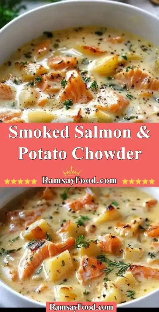 Creamy smoked salmon chowder with potatoes and herbs in a bowl