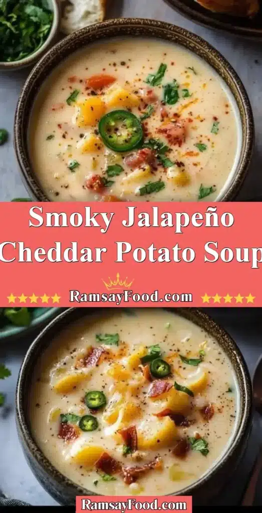 Bowl of Smoky Jalapeño Cheddar Potato Soup topped with cheese and jalapeños