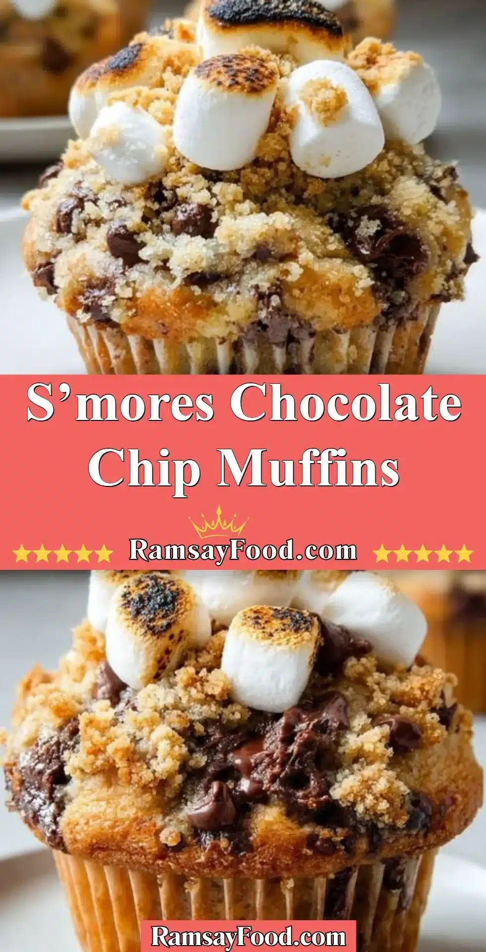 S’mores Chocolate Chip Muffins 2 Delicious S’mores Chocolate Chip Muffins with chocolate and graham crackers