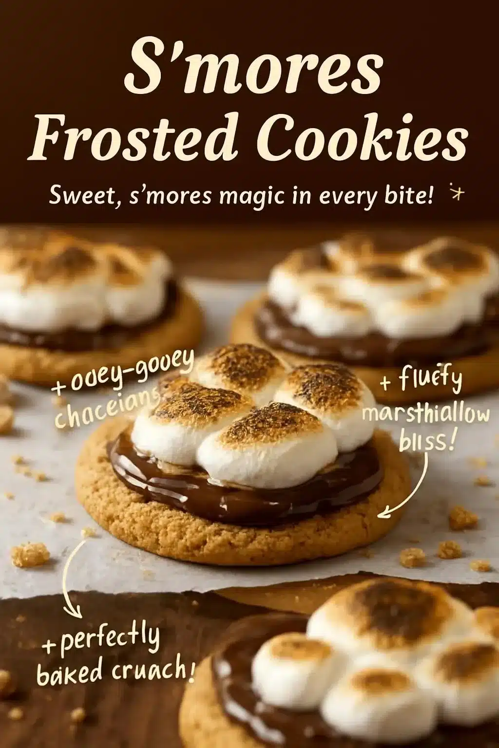 Delicious S'mores Frosted Cookies topped with chocolate and marshmallow