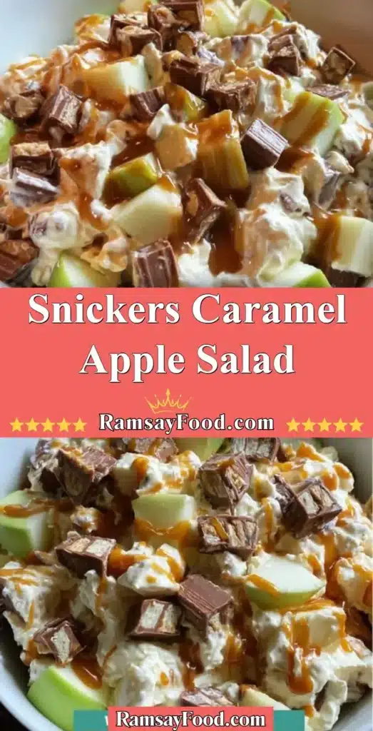 Delicious Snickers Caramel Apple Salad dessert with caramel and apples