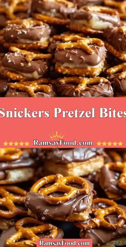 Delicious Snickers Pretzel Bites with chocolate and pretzel