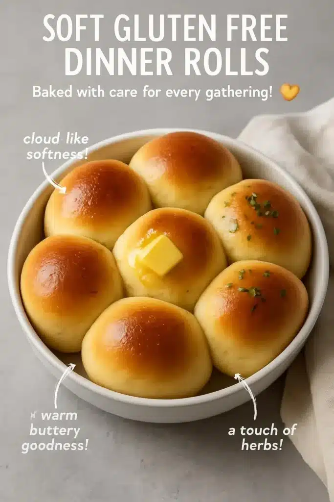 Freshly baked soft gluten free dinner rolls on a rustic wooden table