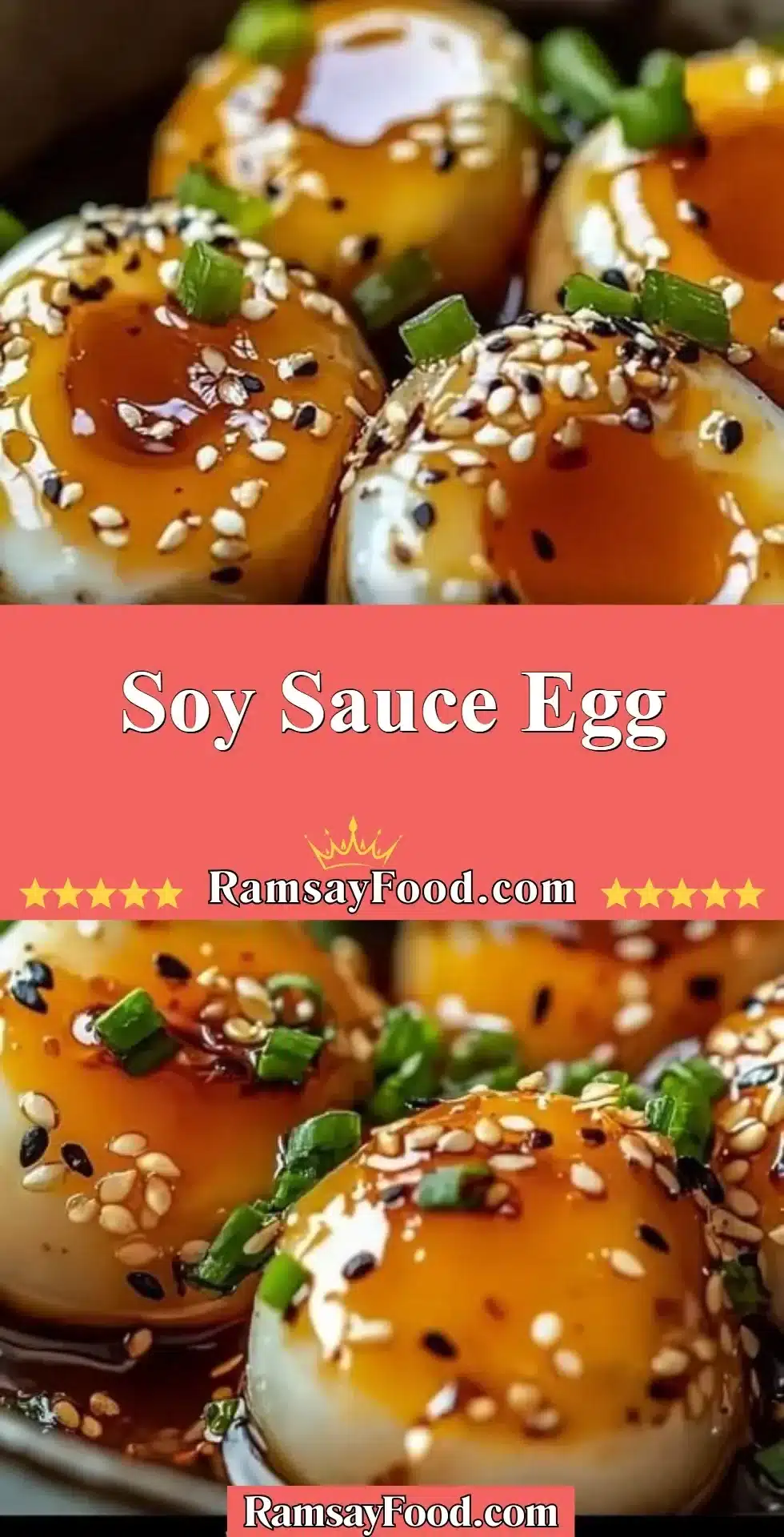 Delicious soy sauce egg garnished with green onions on a white plate.