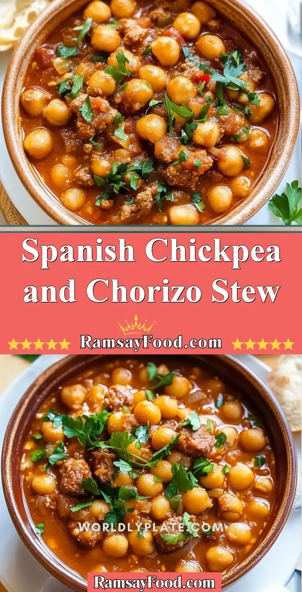Spanish Chickpea and Chorizo Stew 2 Bowl of Spanish Chickpea and Chorizo Stew with vibrant ingredients