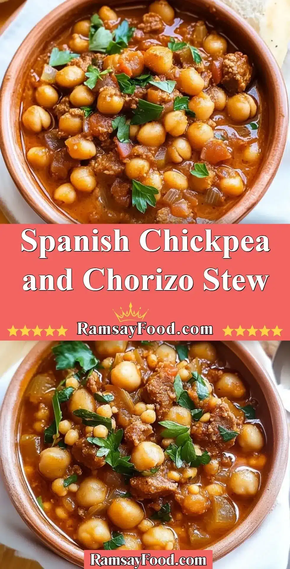 Spanish Chickpea and Chorizo Stew 2 Bowl of Spanish chickpea chorizo stew with spices and vegetables