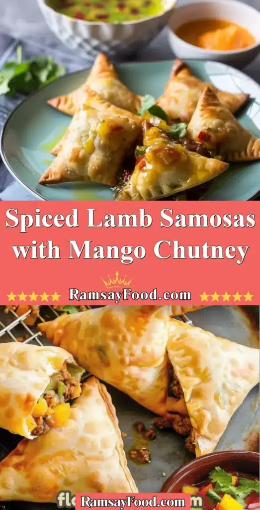 Spiced lamb samosas served with mango chutney on a plate