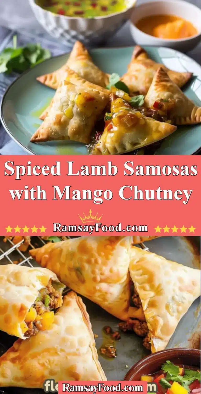Spiced Lamb Samosas with Mango Chutney 4 Spiced lamb samosas served with mango chutney on a plate