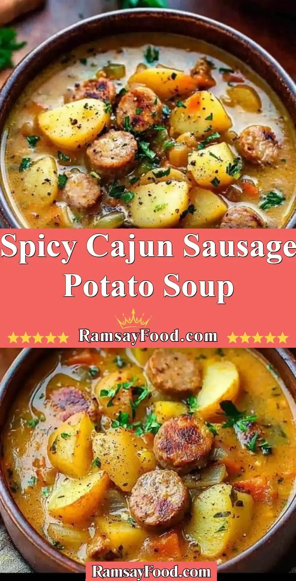 Spicy Cajun Sausage Potato Soup 2 Bowl of spicy Cajun sausage potato soup garnished with herbs