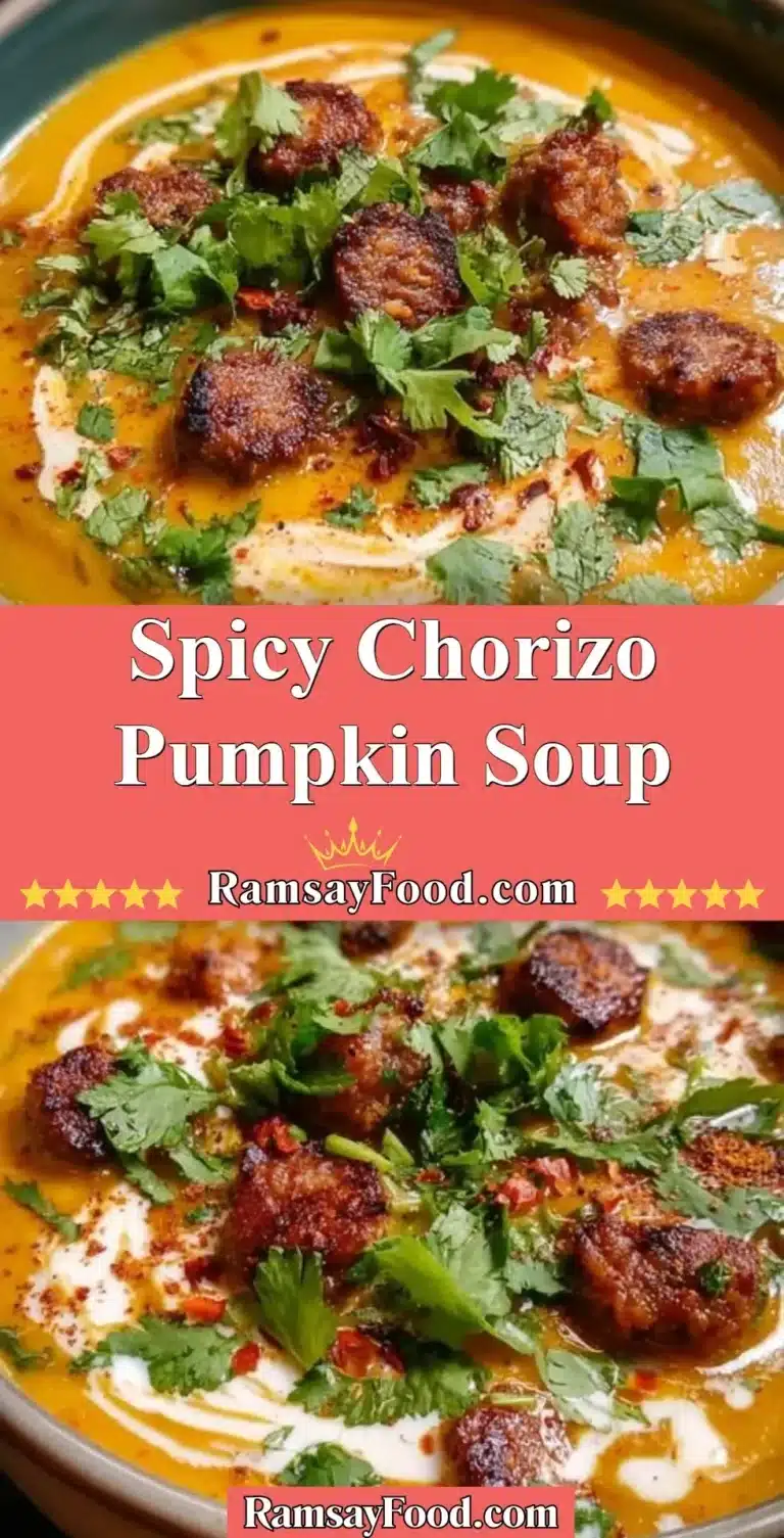 Spicy Chorizo Pumpkin Soup 4 Delicious spicy chorizo pumpkin soup in a bowl garnished with herbs