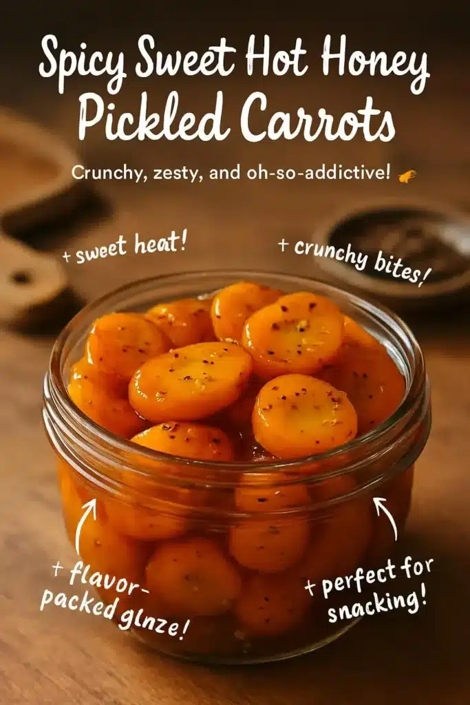 Spicy Sweet Hot Honey Pickled Carrots in a jar, showcasing vibrant colors and tangy flavor.
