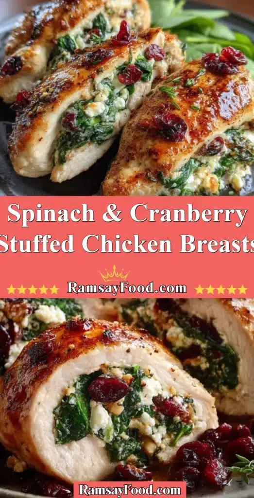 Juicy spinach and cranberry stuffed chicken breasts on a plate