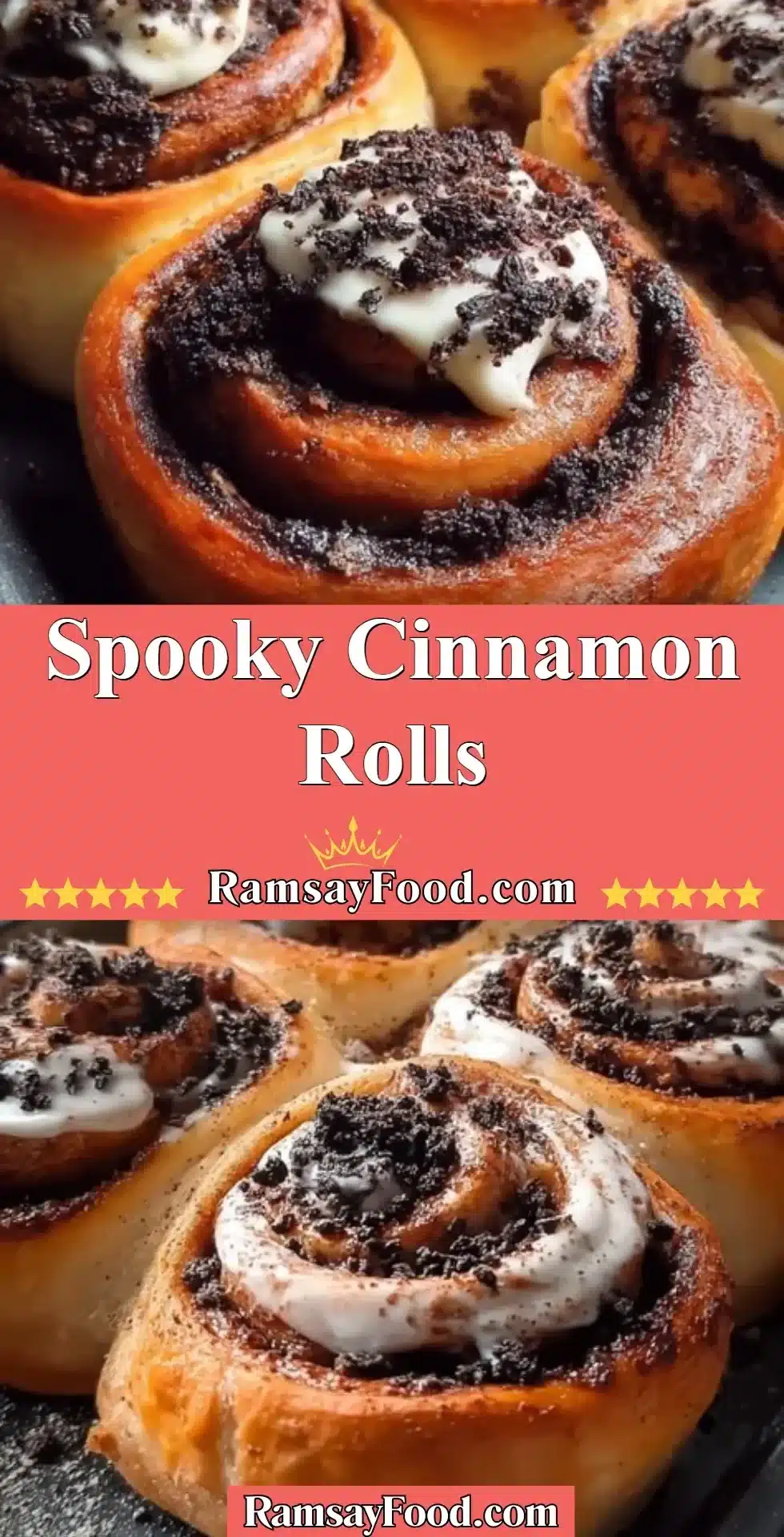 Spooky Cinnamon Rolls 2 Halloween-themed spooky cinnamon rolls with ghostly icing