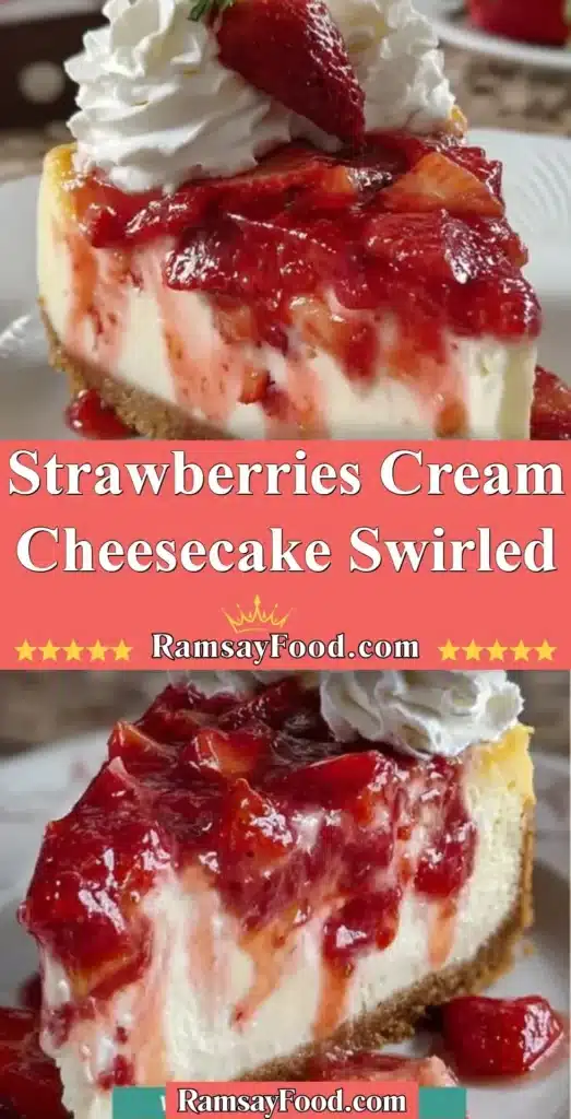Strawberries cream cheesecake swirled with fresh strawberry topping