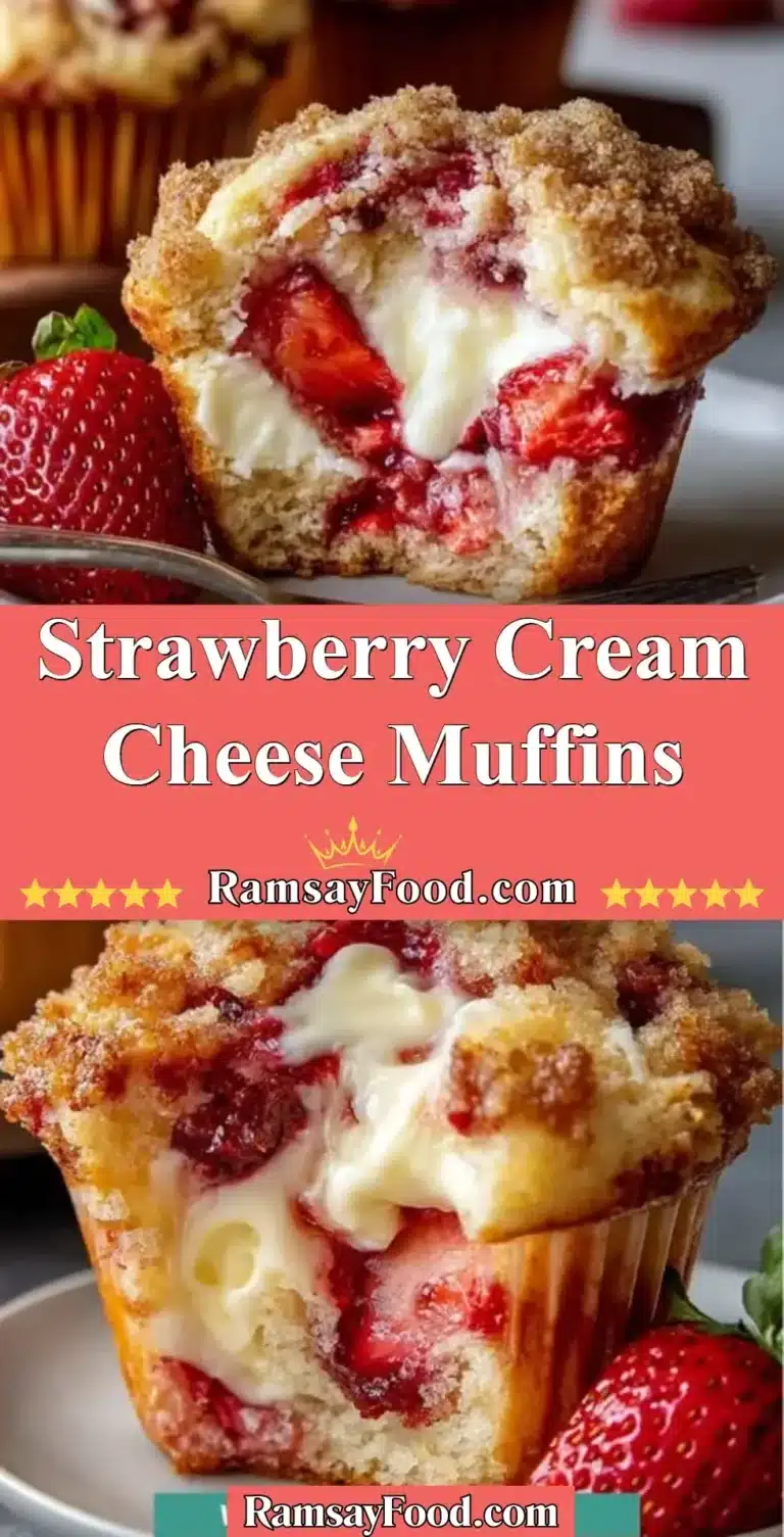 Strawberry Cream Cheese Muffins 4 Freshly baked Strawberry Cream Cheese Muffins on a wooden table