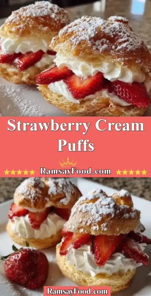 Delicious strawberry cream puffs filled with fresh strawberries and cream