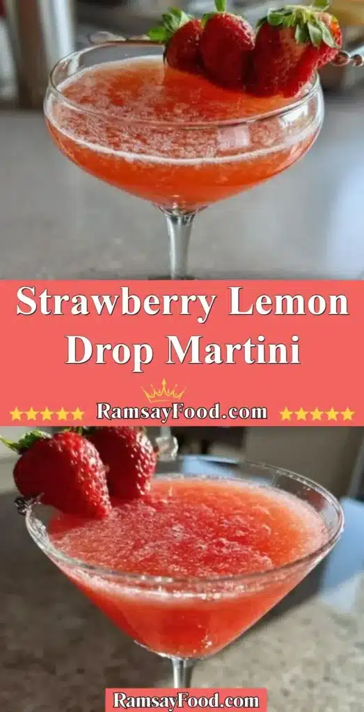 A vibrant Strawberry Lemon Drop Martini garnished with fresh strawberries and lemon slices.