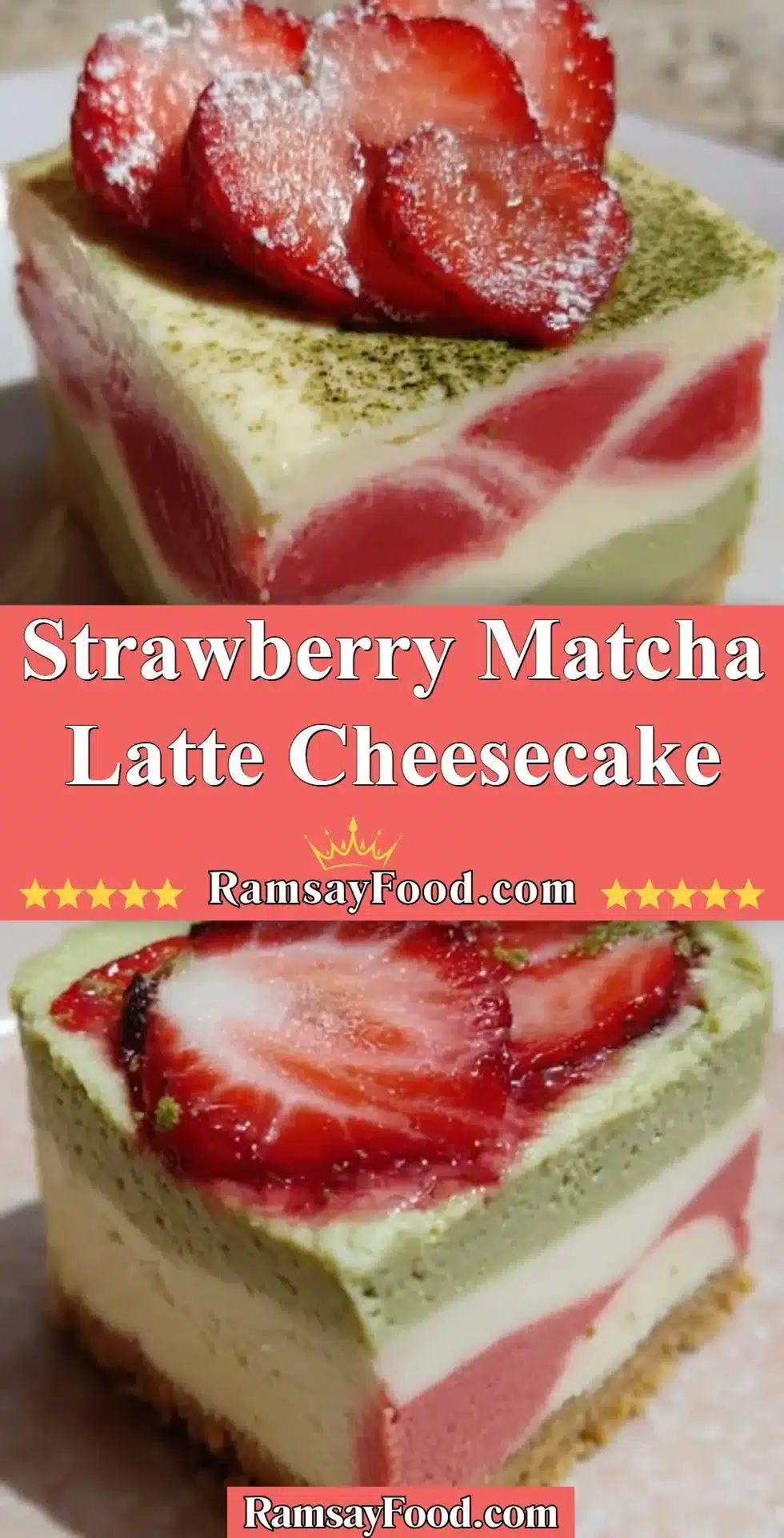 Strawberry Matcha Latte Cheesecake 2 Delicious strawberry matcha latte cheesecake topped with fresh strawberries