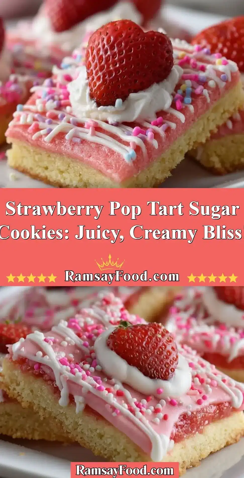 Delicious Strawberry Pop Tart sugar cookies with creamy frosting and sprinkles.
