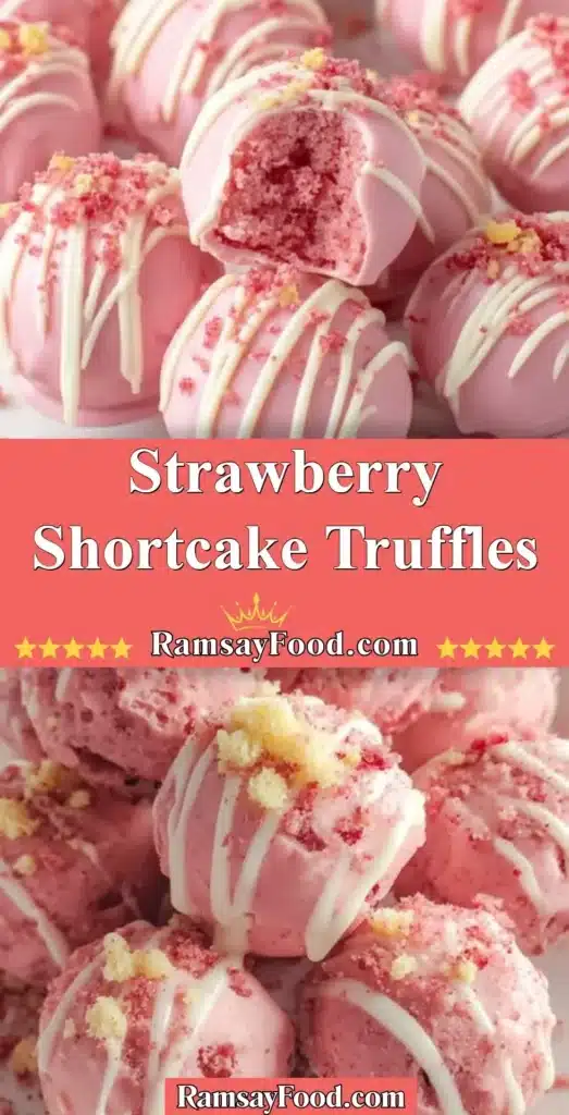 Strawberry Shortcake Truffles on a plate decorated with fresh strawberries.
