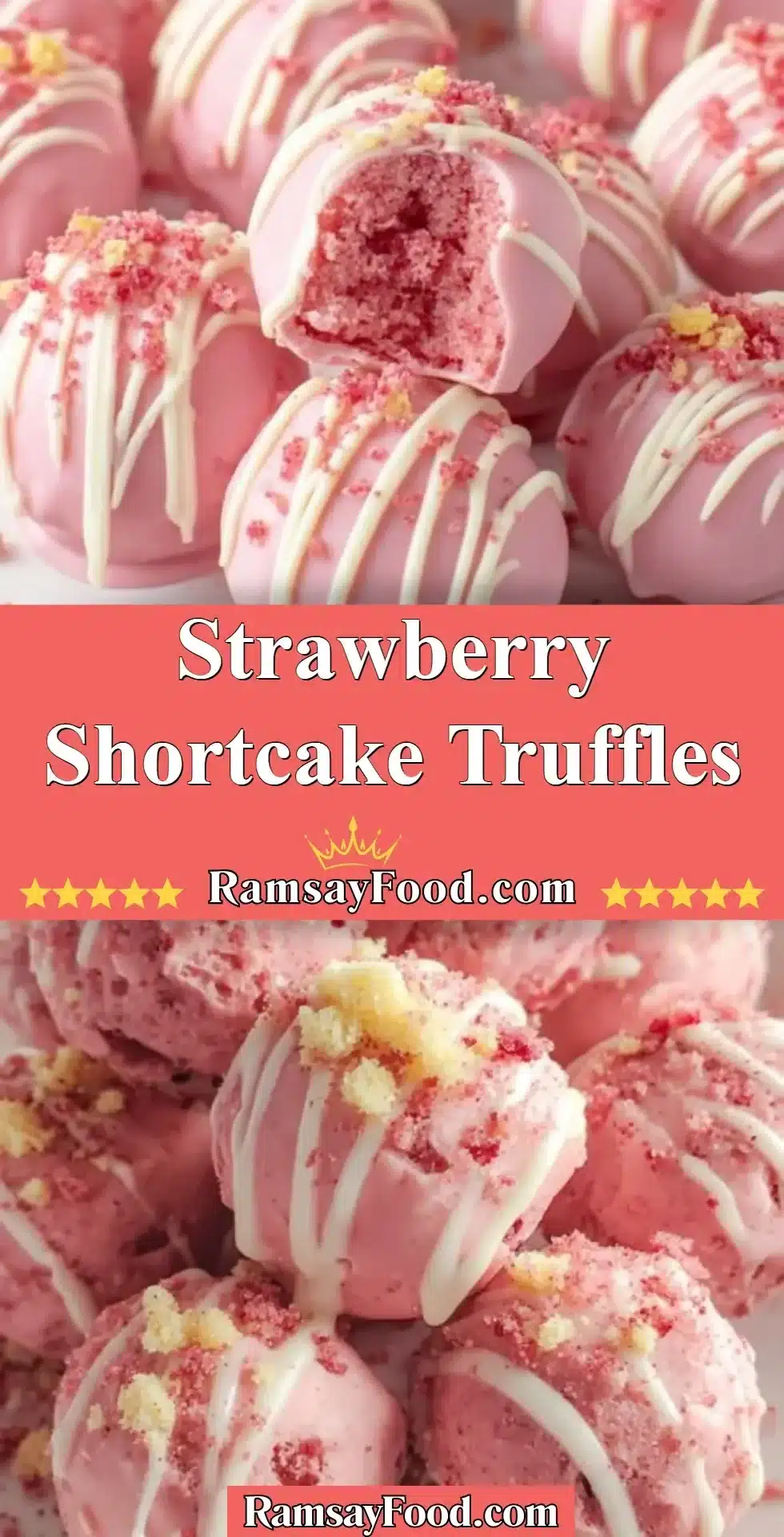 Strawberry Shortcake Truffles 2 Strawberry Shortcake Truffles on a plate decorated with fresh strawberries.