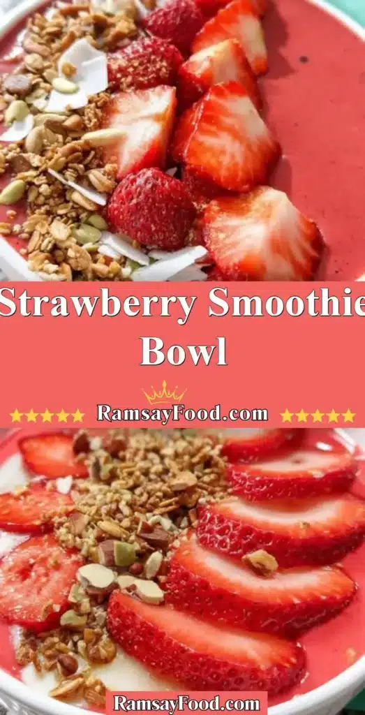 Delicious strawberry smoothie bowl topped with fresh berries and granola