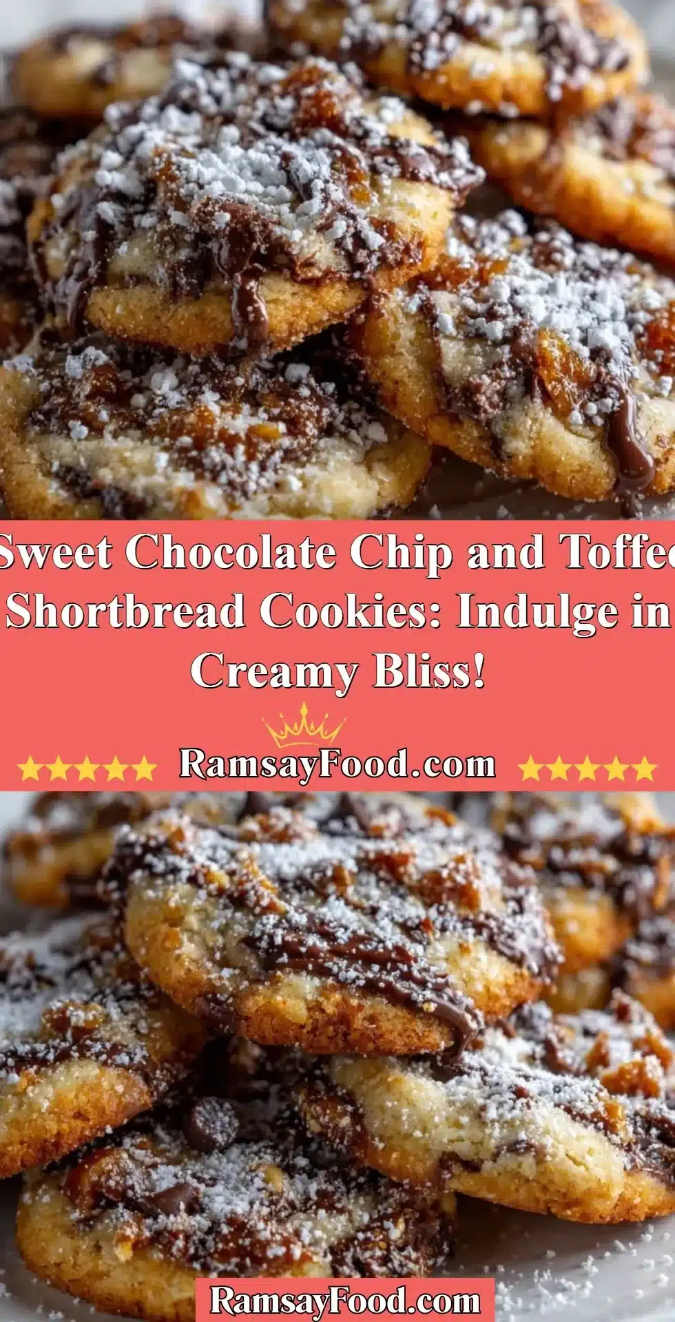 Delicious chocolate chip and toffee shortbread cookies on a plate.