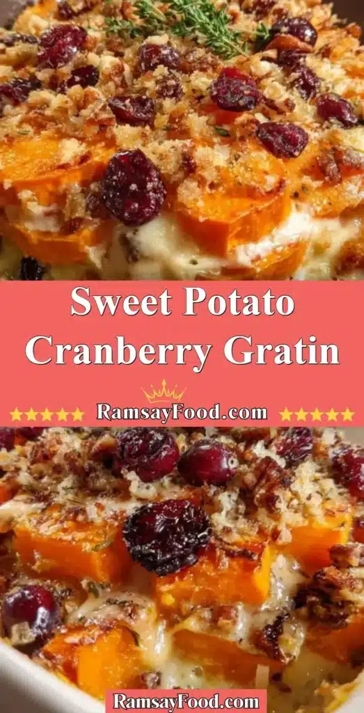 Delicious Sweet Potato Cranberry Gratin prepared with layers of sweet potatoes and cranberries.