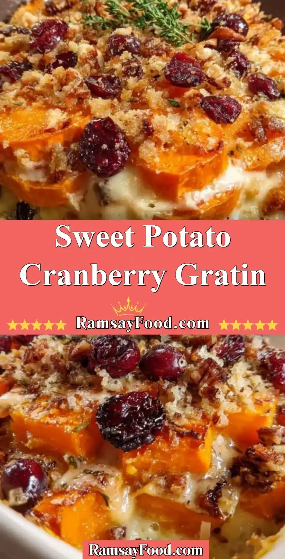 Delicious Sweet Potato Cranberry Gratin prepared with layers of sweet potatoes and cranberries.