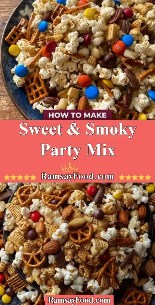 Sweet and smoky party mix in a bowl, perfect for snacks at gatherings.