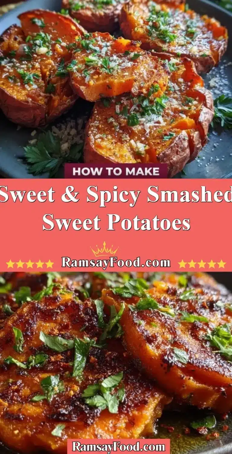Sweet & Spicy Smashed Sweet Potatoes 5 Plate of sweet and spicy smashed sweet potatoes garnished with herbs