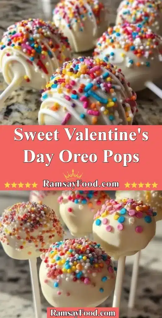 Valentine's Day Oreo pops decorated with pink and red sprinkles