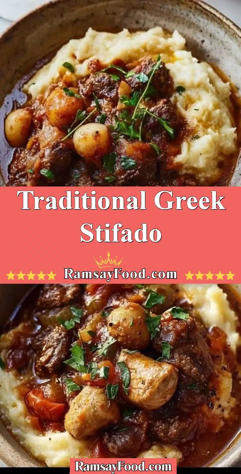 Delicious Traditional Greek Stifado featuring beef cooked in tomato sauce and spices.